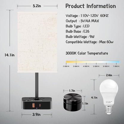 Bedroom Table Lamp with Remote Operation Control,Dimmable Bedside Table Desk Lamps with USB C+A Charging Ports 2 AC Outlets,Nightstand Lamp Flaxen Shade Lamp for Living Room,Dorm,Home Office,Decor
