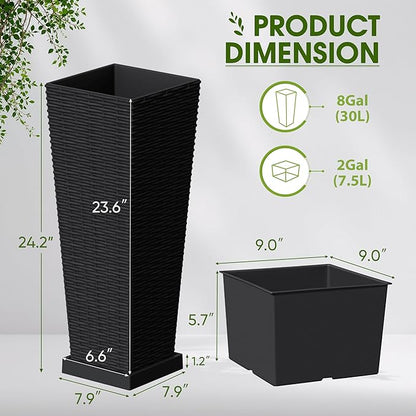 Devoko Resin Tall Planters for Outdoor Plants Set of 2, Large Taper Outdoor Planter Pots with 4 Drainage Holes, Flower Pots Modern Decor for Porch, Patio, Backyard, Garden(Black, 23.6" with Trays)