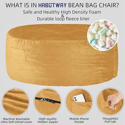 HABUTWAY Bean Bag Chair: Giant 5' Memory Foam Furniture Bean Bag Chairs for Adults with Microfiber Cover 5Ft(Mustard)