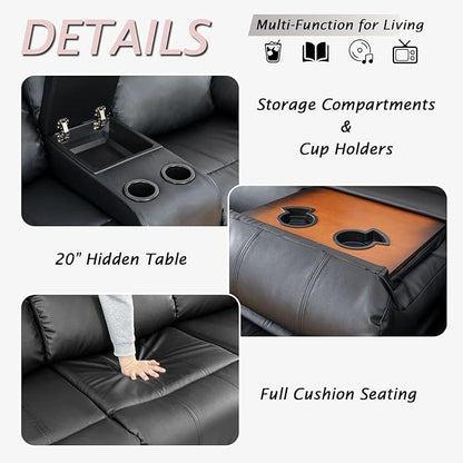 Caberryne Leather Recliner Sofa Set, 2 Pieces, Black, Modern Style, for Living Room/Office/Theater Seating