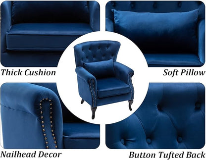 DM Furniture Mid-Century Accent Chair Modern Button Tufted Armchair Wingback Club Chair Velvet Single Sofa Lounge Chair with Pillow for Living Room Bedroom, Blue
