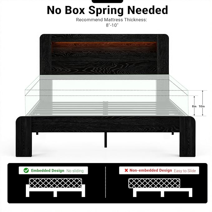 King Bed Frame with Headboard, Wooden Platform Bed Frame King Size with Bookcase Shelf, LED Lights, Charging Station, Heavy Duty Supports, No Box Spring Needed,Dark Black