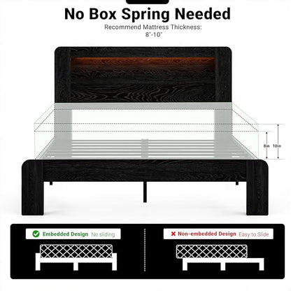 King Bed Frame with Headboard, Wooden Platform Bed Frame King Size with Bookcase Shelf, LED Lights, Charging Station, Heavy Duty Supports, No Box Spring Needed,Dark Black