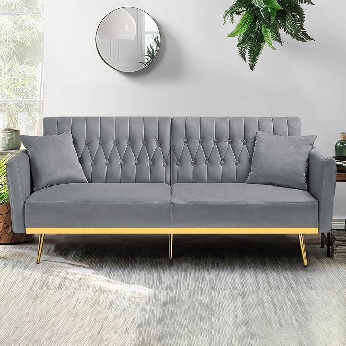 70” Velvet Futon Sofa Bed with 2 Pillows and Adjustable Armrests, Convertible Sleeper Bed W/Adjustable Backrests, Modern Loveseat for Living Room, Bedroom, Light Grey