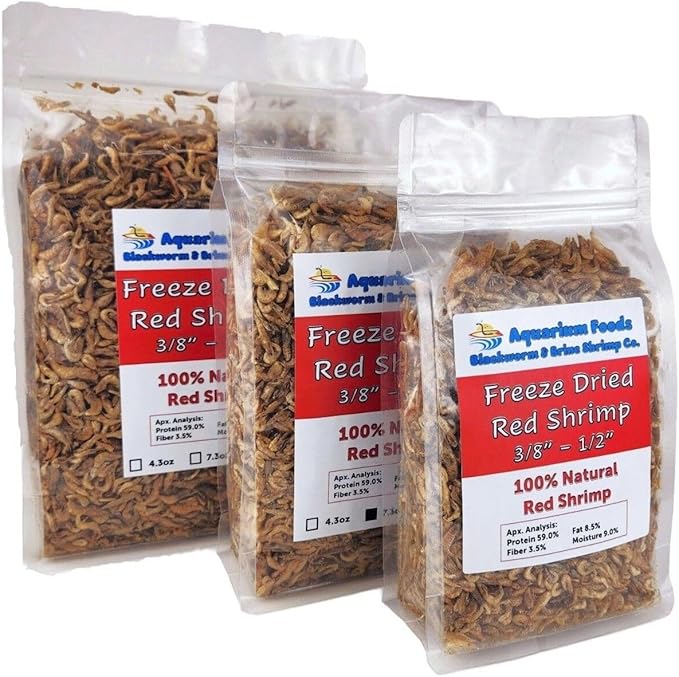 Aquatic Foods Inc. Red Shrimp, 3/8" to 1/2" Floating Freeze Dried Red Shrimp for All Tropical Fish, Cichlids, Medium Size Catfish, Marines, Pond Fish, Turtles, Hamsters, Rodents…4.3oz Clear Bag