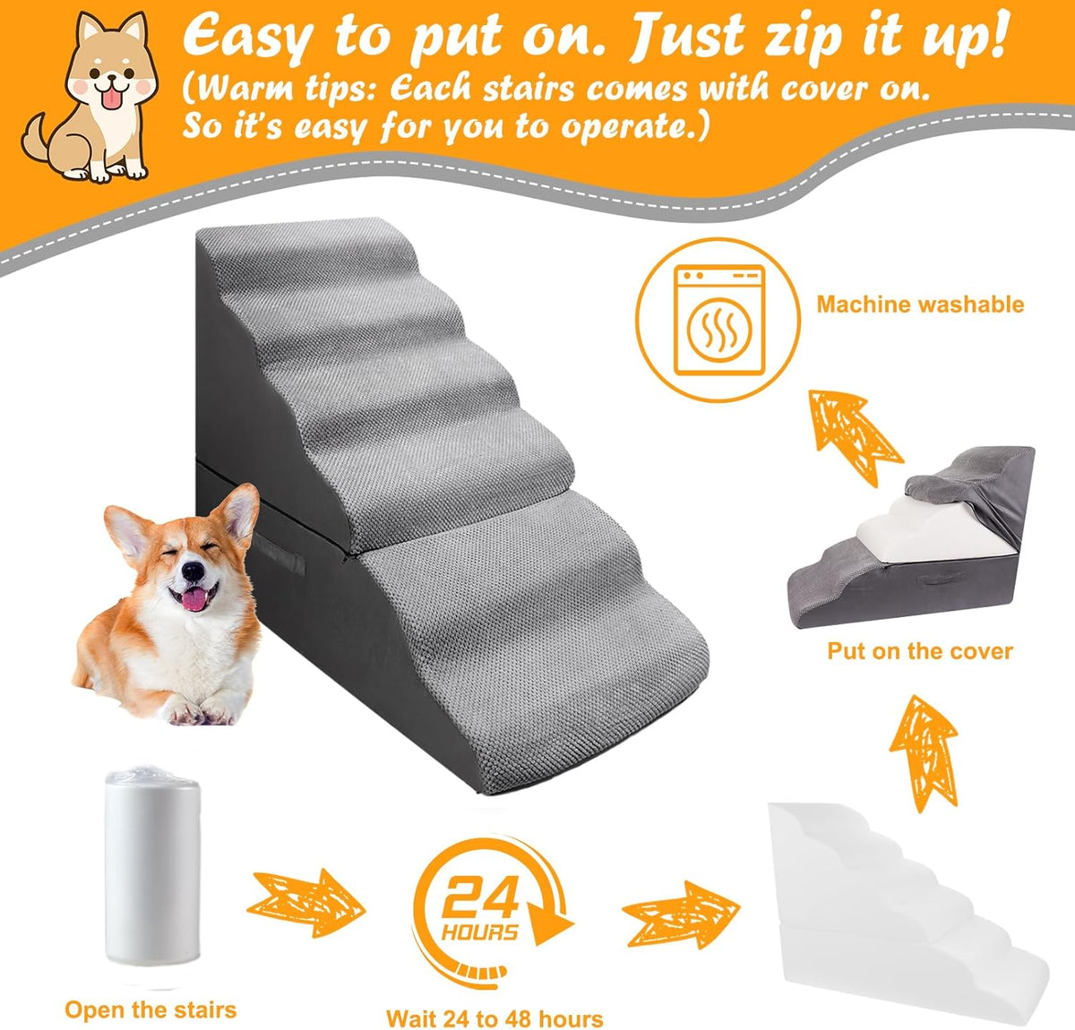 Dog Stairs&Steps for 30 Inches Tall High Bed Up to 30-36 Inch, Pet Dog Ramp Ladder for Small Dogs, Doggie, Old Cats, Kitty, Small Animals Grey
