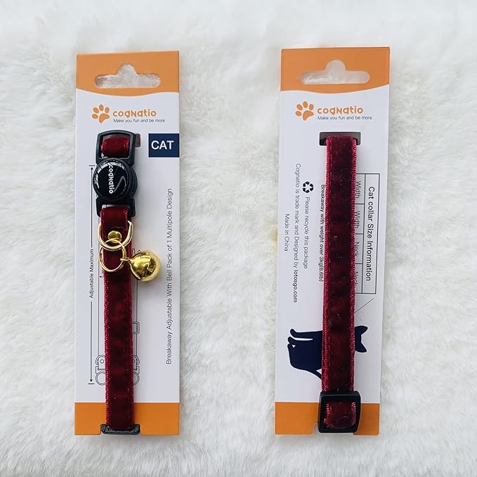 Safety Quick Release Cat Collars,Double Velvet with Bell Available in a Range Colors,Perfect for Your Kitty, Adjustable 20-30 cm (20-30cm, Claret Red)