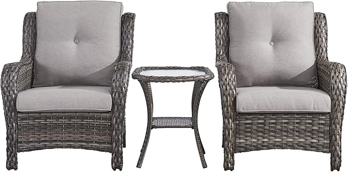 Rilyson Patio Bistro Set Wicker Chairs - 3 Piece Outdoor Rattan Conversation Set with 2 Armrest Chair and 1 Side Table for Proch Deck Garden Backyard Balcony(Mixed Grey/Grey)