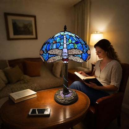 Tiffany-Style Table Lamp, 12" Blue Dragonfly Handmade Stained Glass Lamp Shade, Vintage Reading Light for Bedroom Living Room, LED Bulb Included