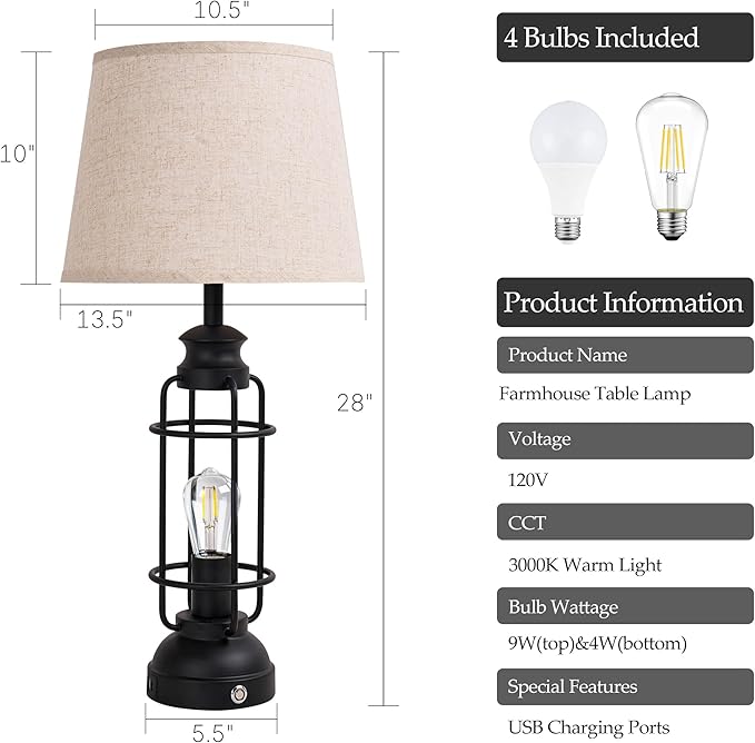 28" Table Lamps for Living Room Set of 2, 3 Way Dimmable Touch Lamps with USB A+C Ports,Farmhouse Table Lamps for Bedroom,Industrial Lamp for Living Room End Tables, 4 Bulbs Included