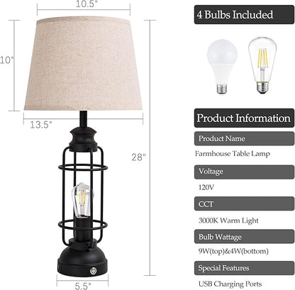 28" Table Lamps for Living Room Set of 2, 3 Way Dimmable Touch Lamps with USB A+C Ports,Farmhouse Table Lamps for Bedroom,Industrial Lamp for Living Room End Tables, 4 Bulbs Included