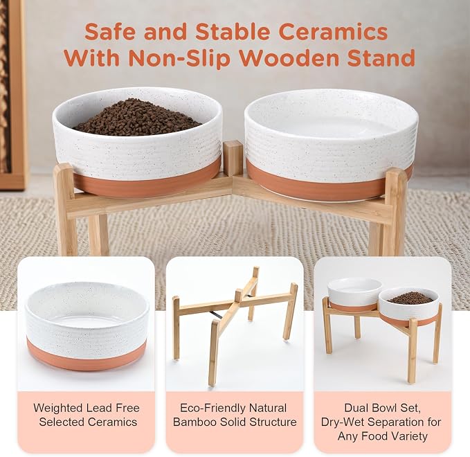 SPUNKYJUNKY Elevated Dog Bowls Ceramic, 8.3'' Dogs Food Water Bowls Raised with Non-Slip Bamboo Stand for Large Sized Breed Microwave Dishwasher Safe - 60 OZ,Pattern White