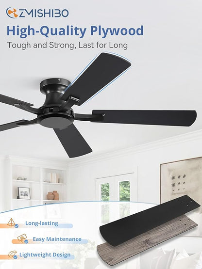 ZMISHIBO 52 Inch Ceiling Fan No Light, Flush Mount Low Profile, Modern Black