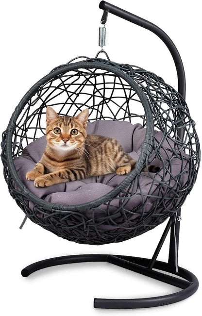 Anwick Cat Swing Bed with Stand & Cushion Indoor Outdoor, Egg Chair(Gray) | with Rattan Wicker Appearance, Indoor Hanging Swinging Hammocks for Cat, Dogs, and Small Animals Bedroom Porch