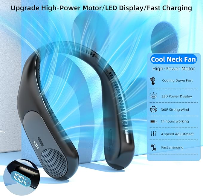 Portable Neck Fan, Personal Wearable Bladeless Fan, LED Display, 6000mAh USB