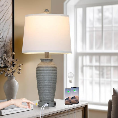 25" Grey Farmhouse Jar Table Lamps, 3 Way Touch Control Rustic Bedside Lamps with USB A+C Ports & AC Outlet, Pot Nightstand Lamps for Bedroom End Table (LED Bulbs Included)