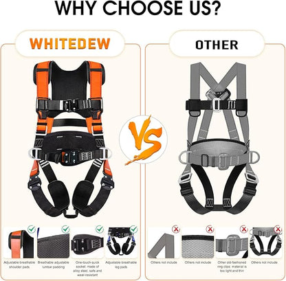 Fall Protection Premium Safety Harness with Shock Absorbing Lanyard, Vented & Padded Shoulder, Legs & Back - Upgrade 4 Quick Buckles (Orange)