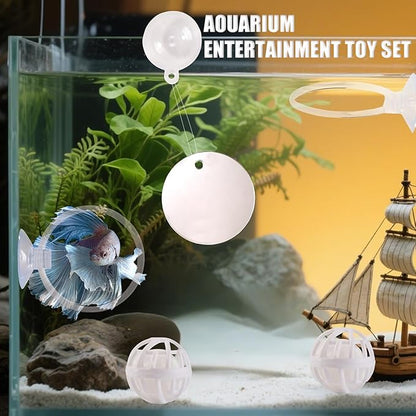 Beta Fish Aquariums Accessories, Betta Ring Enrichment Toys, 1 Fish Mirror with Floating Ball & 2 Exercise Training Ring Toys & 4 Nitrifying Balls for Fish Tank, Betta Tank, Betta Aquarium