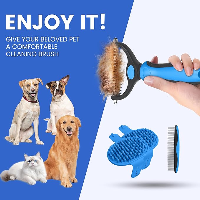 Double-Sided Pet Grooming Rake - 4-in-1 Professional Pet Grooming Kit, Deshedding Dematting Tool for Dogs, Cats, Extra-Wide Grooming Brush & Deshedder Comb for Long and Short Haired Pets (4PCS Blue)
