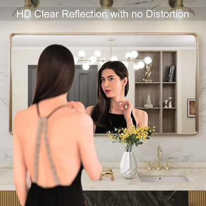 LOAAO 50”X30” Gold Bathroom Mirror, Rounded Rectangle Gold Frame Mirror