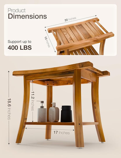 Tinamo 22" Teak L Shower Bench Seat for Inside Shower - 400Lbs Capacity - Wooden Shower Bench with Shelf - Bathroom Bench and Teak Shower Stool for Spa and Bath - Wood Bench for Relaxing Bath
