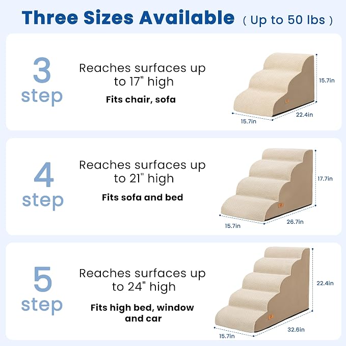 Dog Steps for Bed and Couch, Pet Stairs for Small Dogs and Cats, Khaki | High-Density Foam Support and a Stable 4-Step Ramp Design for Easy Access to Beds and Sofas,H 17.7in