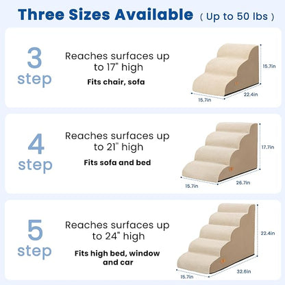 Dog Steps for Bed and Couch, Pet Stairs for Small Dogs and Cats, Khaki | High-Density Foam Support and a Stable 4-Step Ramp Design for Easy Access to Beds and Sofas,H 17.7in
