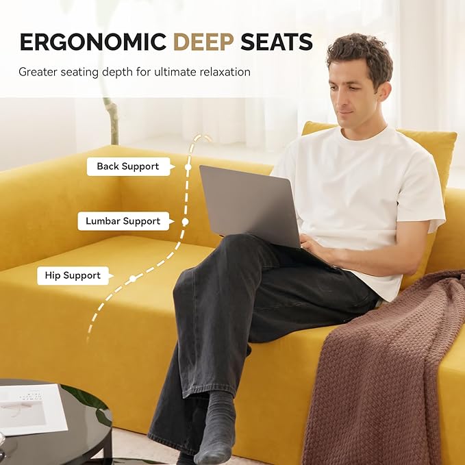 128" Oversized Modern Curved Sofa,Boneless Cloud Sectional Couch with Deep Seat,No Assembly Required Chenille Couches for Living Room,Yellow,1 PCS