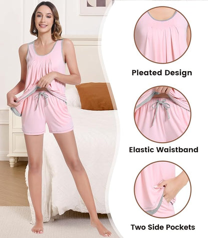 NACHILA Pajamas for Women-Viscose from Bamboo, Ribbed Racerback Tank Top Sexy Split Shorts Pajama Sets Cooling Sleep Cami Pjs