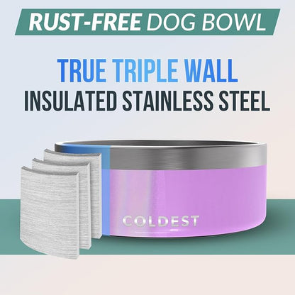 Coldest Dog Bowl - Anti Rust Metal, Non Slip, 3 Layers Insulated Stainless Steel Dog Bowls - Spill Proof & Heavy Duty - Water Bowl for Dogs, Cats, Dish Washer Safe (64 oz, Saturns Purple Glitter)