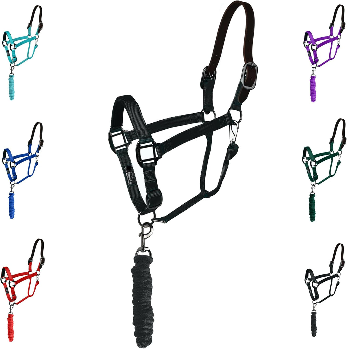 Majestic Ally Leather Halter with Matching Lead Rope for Horses – Leather Breakaway Crown - Adjustable Chin Strap – Rolled Throat Latch – Padded Noseband – Full (Black-Black Nickel, Full)