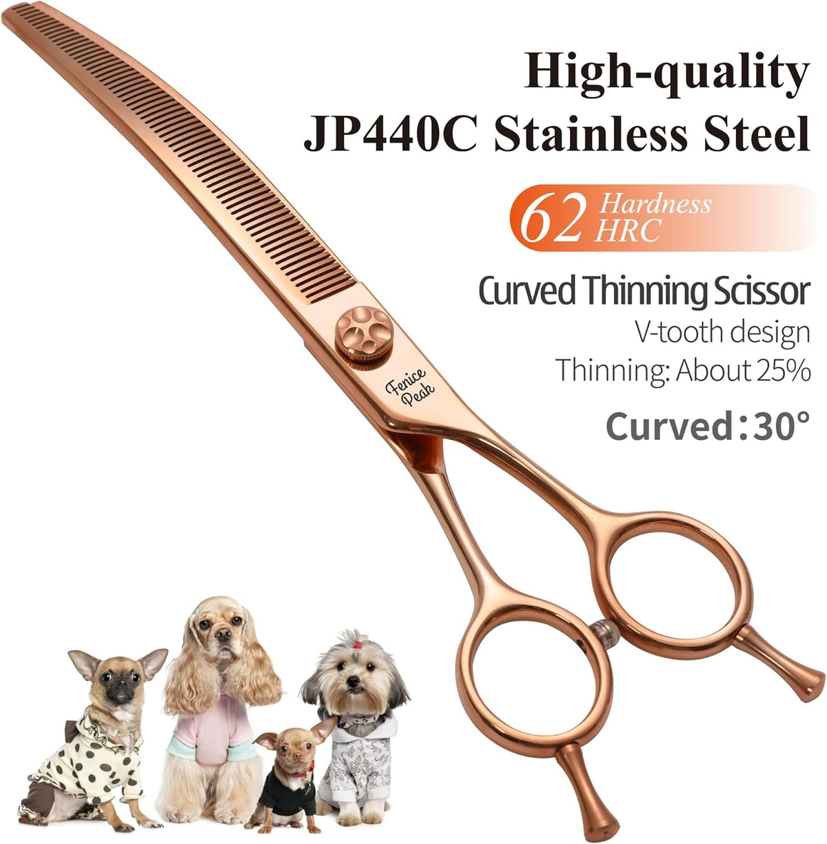 Fenice Peak Professional Dog Grooming Scissors Pet Curved Thinning Shears 7.0'' Extremely Sharp Blades 440C Steel Thinning Scissors Durable Smooth Motion & Fine Cut for Dogs and Cats
