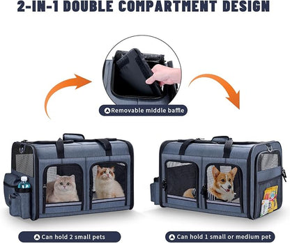 Cat Carrier for 2 Cats, Foldable Double Cat and Dog Carrier, Small to Medium Size, 2 Front Zippered Compartments,Two Pets Carrier for Outdoor Travel,Mulitple Cat Carrier, Grey