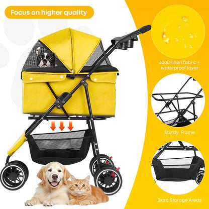 Pet Stroller,Dog Stroller for Small Medium Dogs Cats,3 Wheels,Yellow | Foldable,with Breathable Mesh Canopy,Cup Holders,Easy Assembly