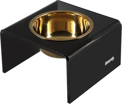 DBL2002B Keaton 5" Small/Medium Modern Acrylic Rectangular Elevated Pet Feeder with 20oz 1-Stainless Steel Bowl, Black/Gold