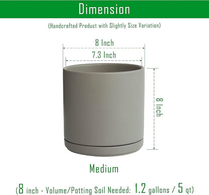 D'vine Dev 8 Inch Ceramic Planter Pot, Grey, 94-O-D-3 | Modern Cylinder Design, Drainage Hole & Saucer Included, Stable Structure, Elegant Home Accent