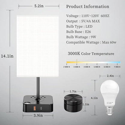 Remote Control Bedside Lamp with USB-C & USB-A Charging Ports, 2 AC Outlets, Stepless Dimming Nightstand Lamp for Bedroom- Touch & Remote Control,Warm Soft Light Table Lamp for Home, Office,Decoration