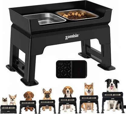 ZOMISIA Elevated Dog Bowls, 6 Height Adjustable Raised Dog Bowl Mess Proof | 3-in-1 Dog Bowl Stand, Double Deck Design, 2 Stainless Steel Bowls, Licking Plate, Feeding Station for Small Medium Large Pet