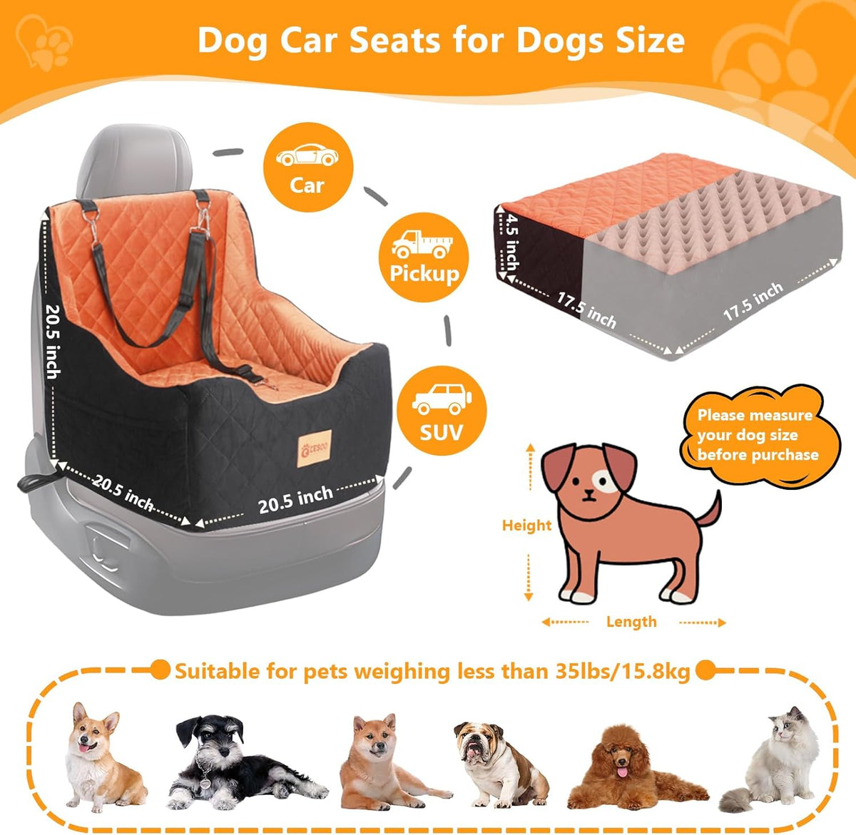 Dog Car Seat for Small/Medium Dogs Under 40lbs, Dog Booster Car Seats Memory Foam and Velvet, Detachable and Washable Pet Booster Carseats with Clip-On Satebelt and Storage Bag.(Black/Brown)