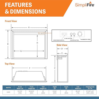 SimpliFire Electric Fireplace Insert, 32-Inch Black Traditional Fire Place