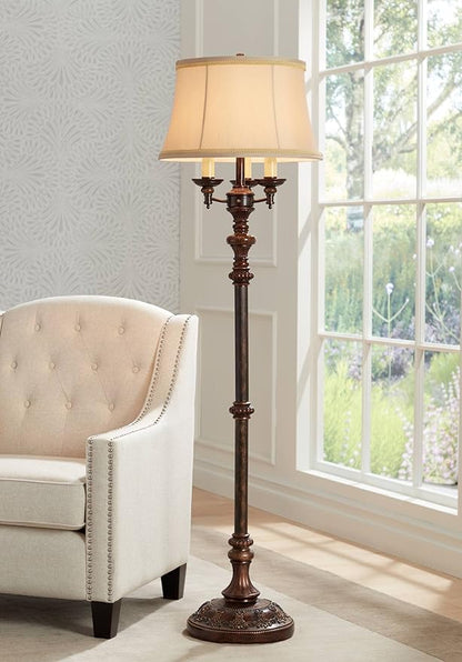 Barnes and Ivy Traditional Italian Standing Floor Lamp Candelabra Style 4-Light 64.5" Tall Bronze Brown Gold Bell Shade with Trim Decor for Living Room Reading House Bedroom Family Home