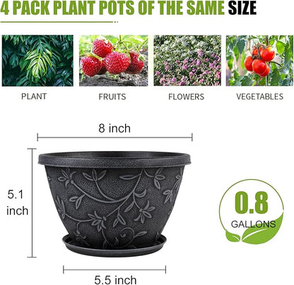 Nooulap 4 Pack 8 Inch Flower Pots for Outdoor Indoor, Plastic Plant Pots with Drainage Hole & Saucer, Lightweight Small Resin Flower Pot, Imitation Magnolia Pots for Garden House planters（Gray）