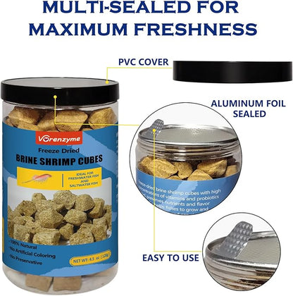 Freeze Dried Brine Shrimp Cubes– 100% Natural High‑Protein Fish Food for Tropical, Marine & Freshwater Aquarium, Turtles, Pond Fish, Koi, Discus, Angelfish, Tetras - Floating Shrimp Cubes, 4.5 oz
