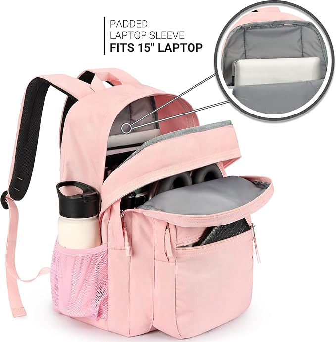 ZORFIN 26L Backpack for College, and Travel: Water Resistant Bookbag - Pink