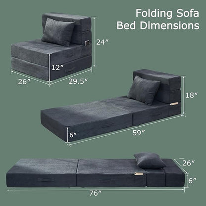 HILERO Folding Sofa Bed, 4 in 1 Convertible Sleeper Chair with Pillow, Single Memory Foam Fold Out Chair Bed, Modern Floor Futon Sofa Couch Mattress for Living Room/Guest/Apartment, Dark Grey