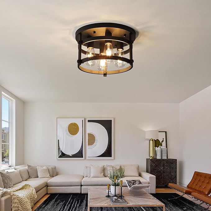4-Light Retro Farmhouse Flush Mount Round Vintage Metal Ceiling Light Fixtures, Rustic Ceiling Lamp for Kitchen Island Hallway Entryway Bedroom Dining Room, E26 Bulbs, 13.78"