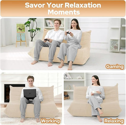 HABUTWAY Bean Bag Chairs Fireside Lazy Floor Sofa, Soft Teddy Fleece 2 Seater Sofa with High-Resilience Foam Filling，Beanbag for Living Room, Bedroom, Office (Khaki Teddy)