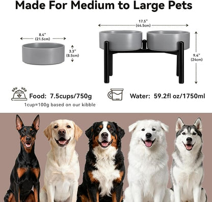 Raised Ceramic Dog Bowl Set with Stand, 7.5 Cups Elevated Dog Food Stand | 8.4'' Double Dog Food and Water Bowl Set, Non-Slip Dog Feeding Dishes for Small Breeds and Cats, 59.2 OZ, Grey