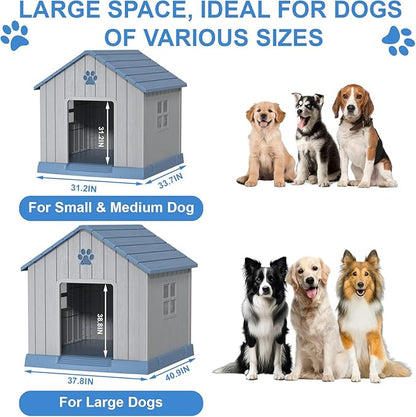 31'' Dog House Outdoor Indoor, Durable Waterproof Plastic Kennel for Small to Large Dogs, Easy Assembly with Air Vents and Elevated Floor (31.2''L x 33.5''W x 32.5''H, Blue)