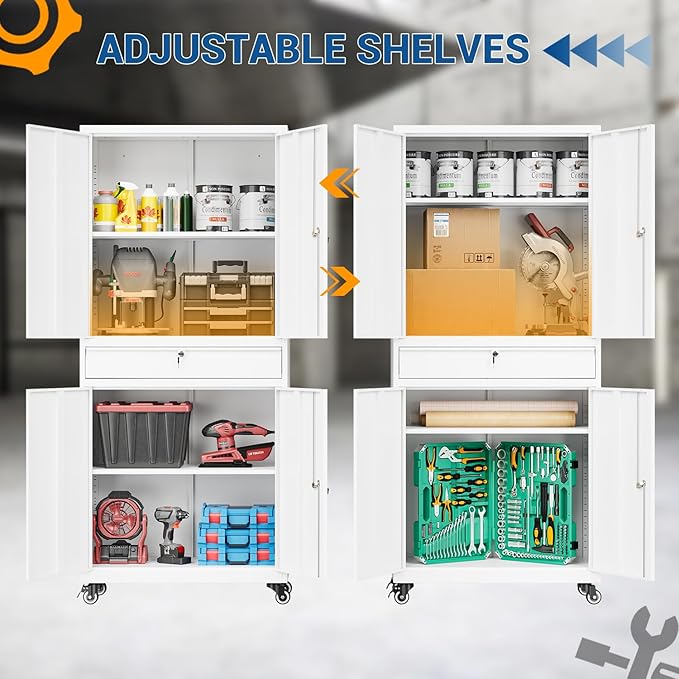 73" Metal Cabinet-White Heavy Duty Rolling Storage Cabinet Steel Tool Cabinets